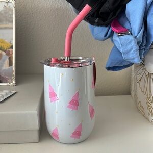 Christmas Tree Tumbler with Straw - Pink and White